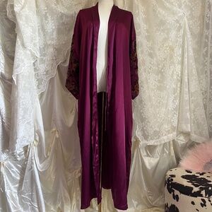 Deep Burgundy Satin Maxi Full Length Robe with Sheer Velvet Floral Sleeves